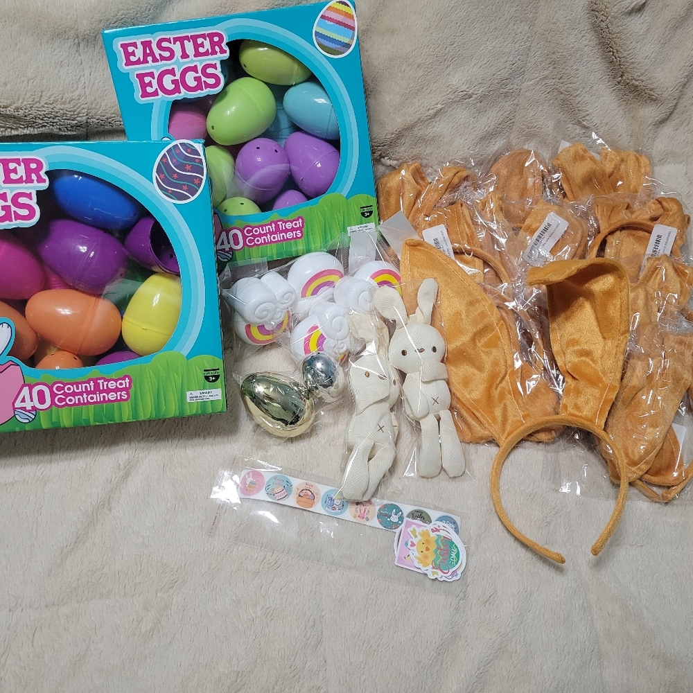 EASTER EGG HUNT Favors, 12 Rabbit Ear Headband 80 large eggs prize eggs  NEW